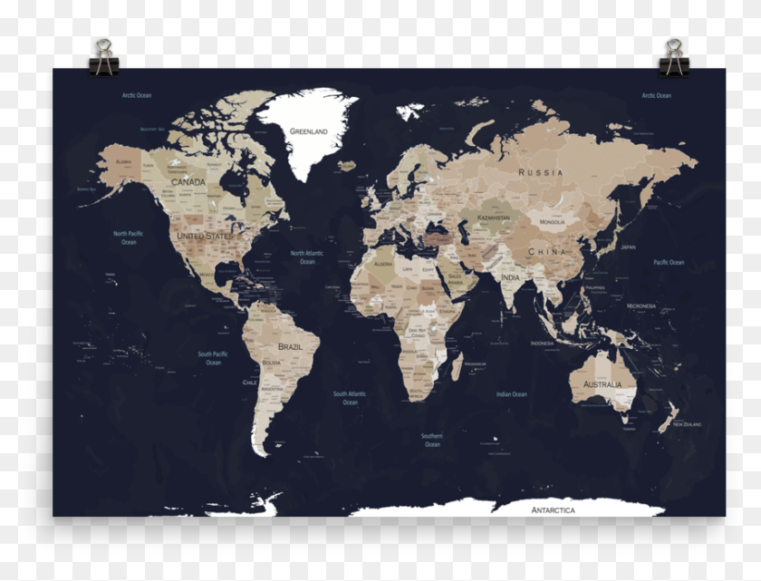World Map Print Blue & Brown Faded World Map, HD Png Download