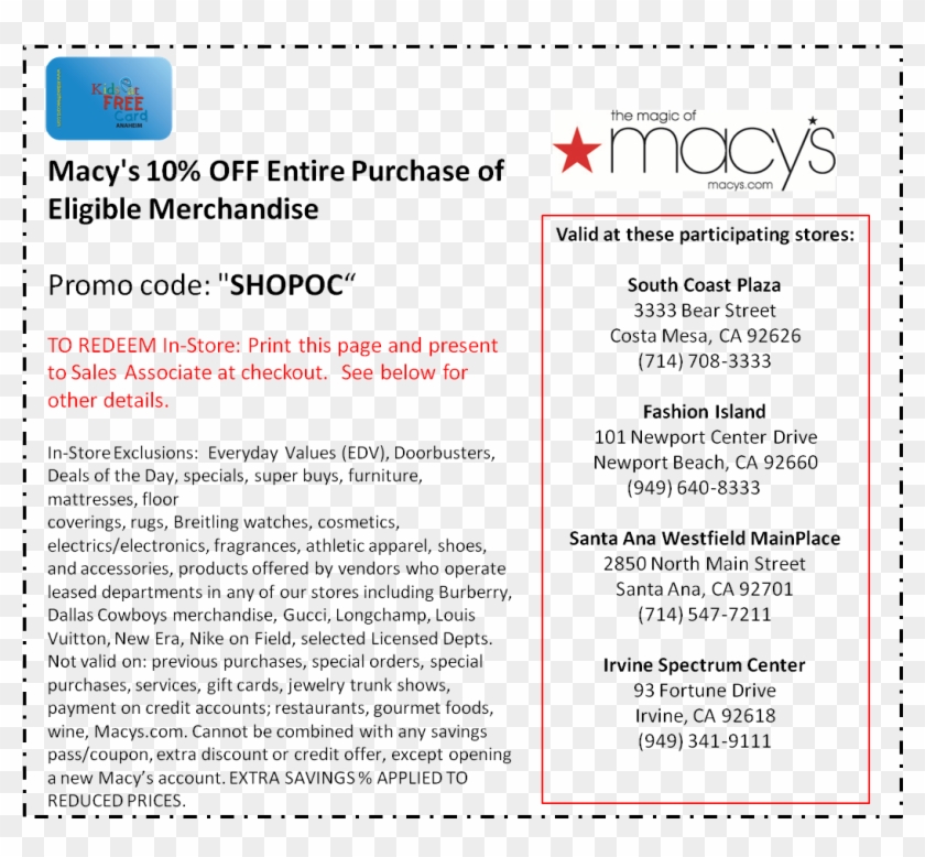 Print Macy's 10 Shopoc Offer Macy's Coupons July 2011, HD Png